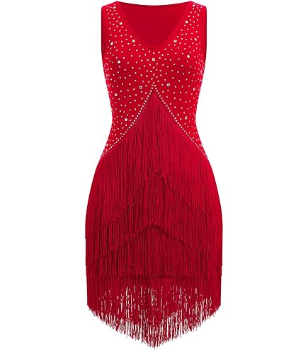 REETAN Latin Dance Dress Fringe Sequin Costume for Women(Green) : Clothing, Shoes & Jewelry