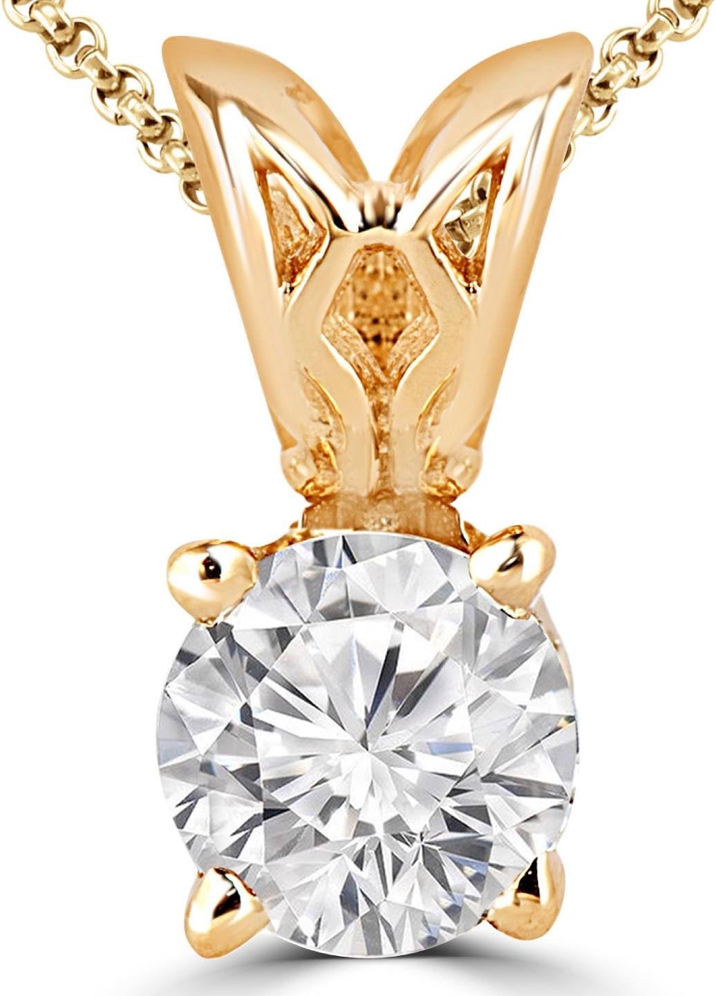1/5 CT Solitaire Round Diamond Pendant Necklace in 14K Yellow Gold With Chain