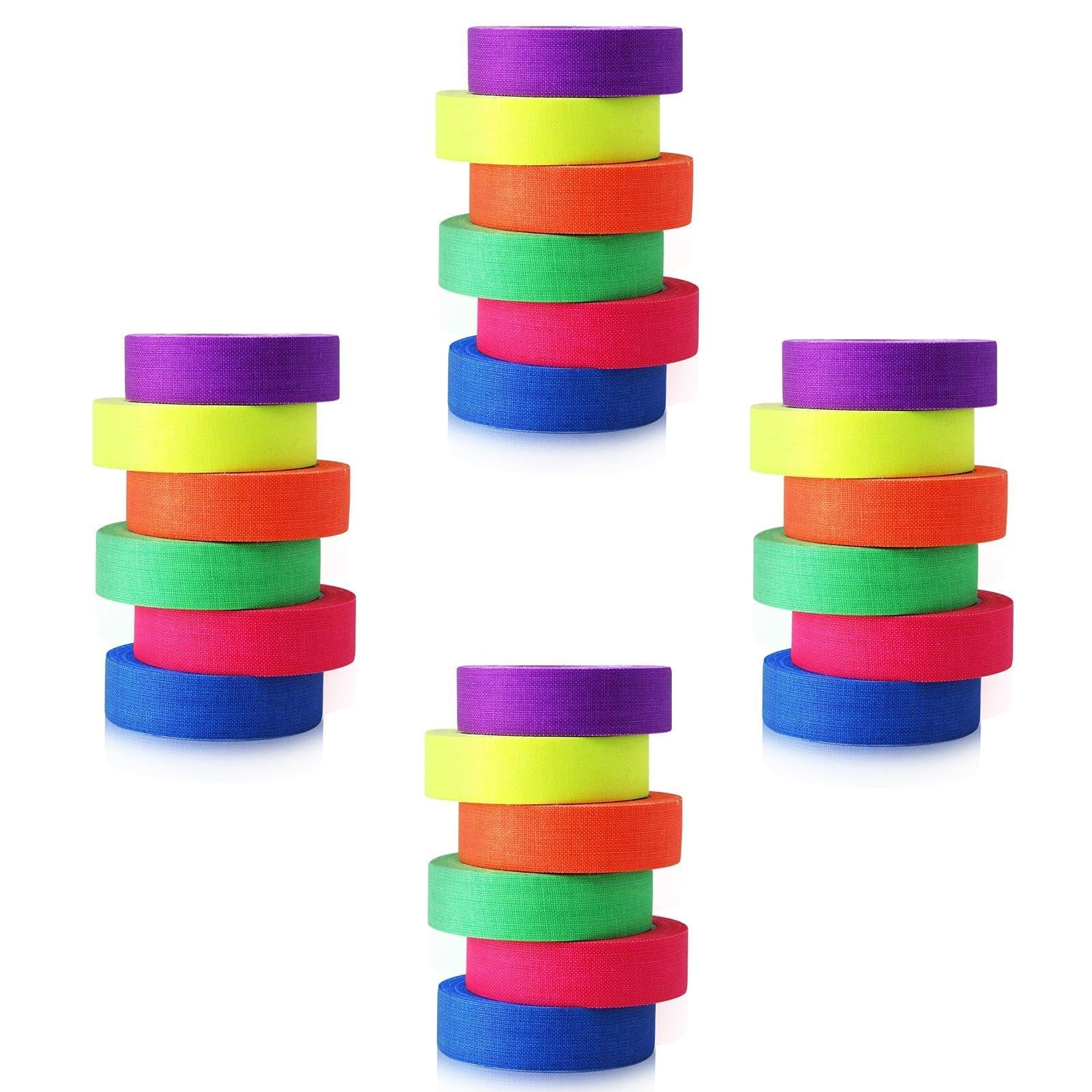 LightingWill UV Blacklight Reactive Fluorescent, Fluorescent Gaffer Cloth Tape, 0.59in X 16.5FT Per Roll, Decorative Black Light Neon Party Tape With Glow Party Supplies, 6 Colors-4 Pack