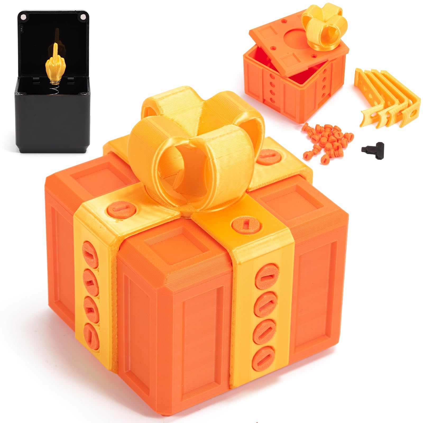 The Prank Box with Middle Finger-Hilarious Screw Challenge & 3D Printed Annoying Gift Box,Funny Novelty Annoying Present Box with Middle Finger Switch Prank Toy (Orange)