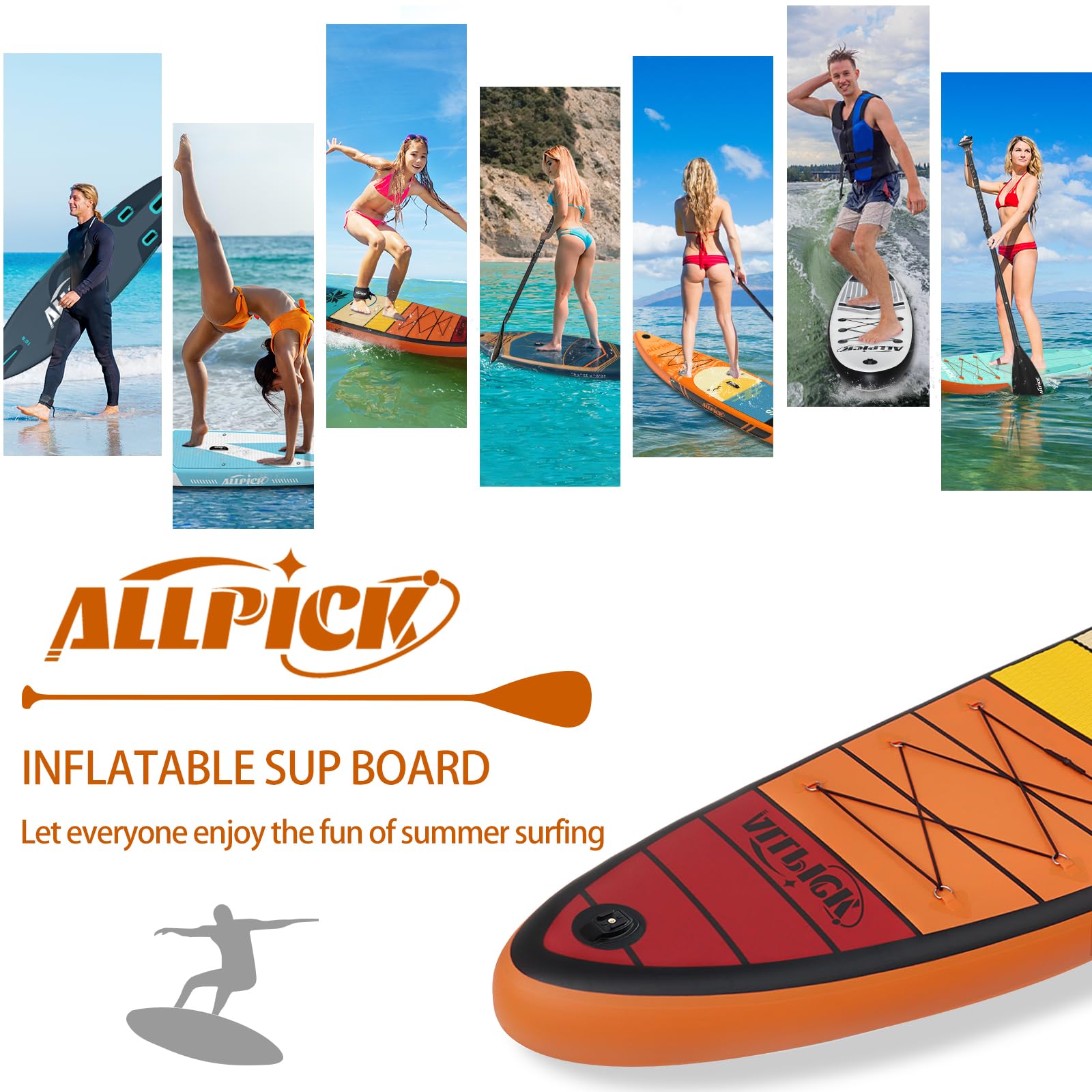 ALLPICK Premium SUP Board Set, Stand Up Paddling Board Aufblasbar, Mit Universal Kamerahalterung, Komplettes Zubehör, Verstellbares Paddel, Anfänger und Fortgeschrittene, 150kg/180kg, OrangeAbendröte 8