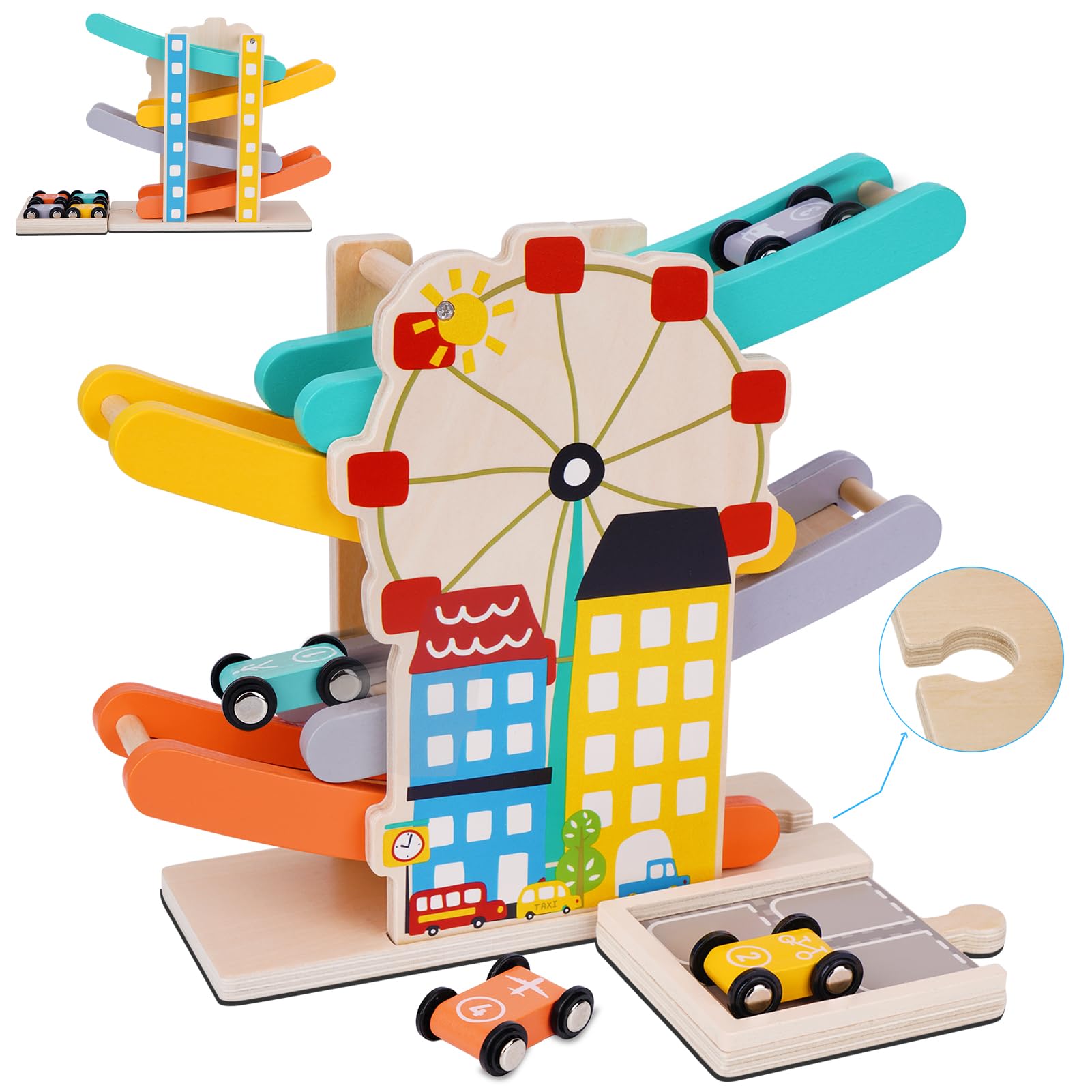 FCSONU Toddlers Montessori Toys for 1 2 Year Old Boys Girls, Wooden Car Ramps Race Track Set with 4 Mini Cars & 4 Car Tracks & Garage, Christmas & 1st Birthday Gifts for Boys Girls Kids Baby 1-3-2-4