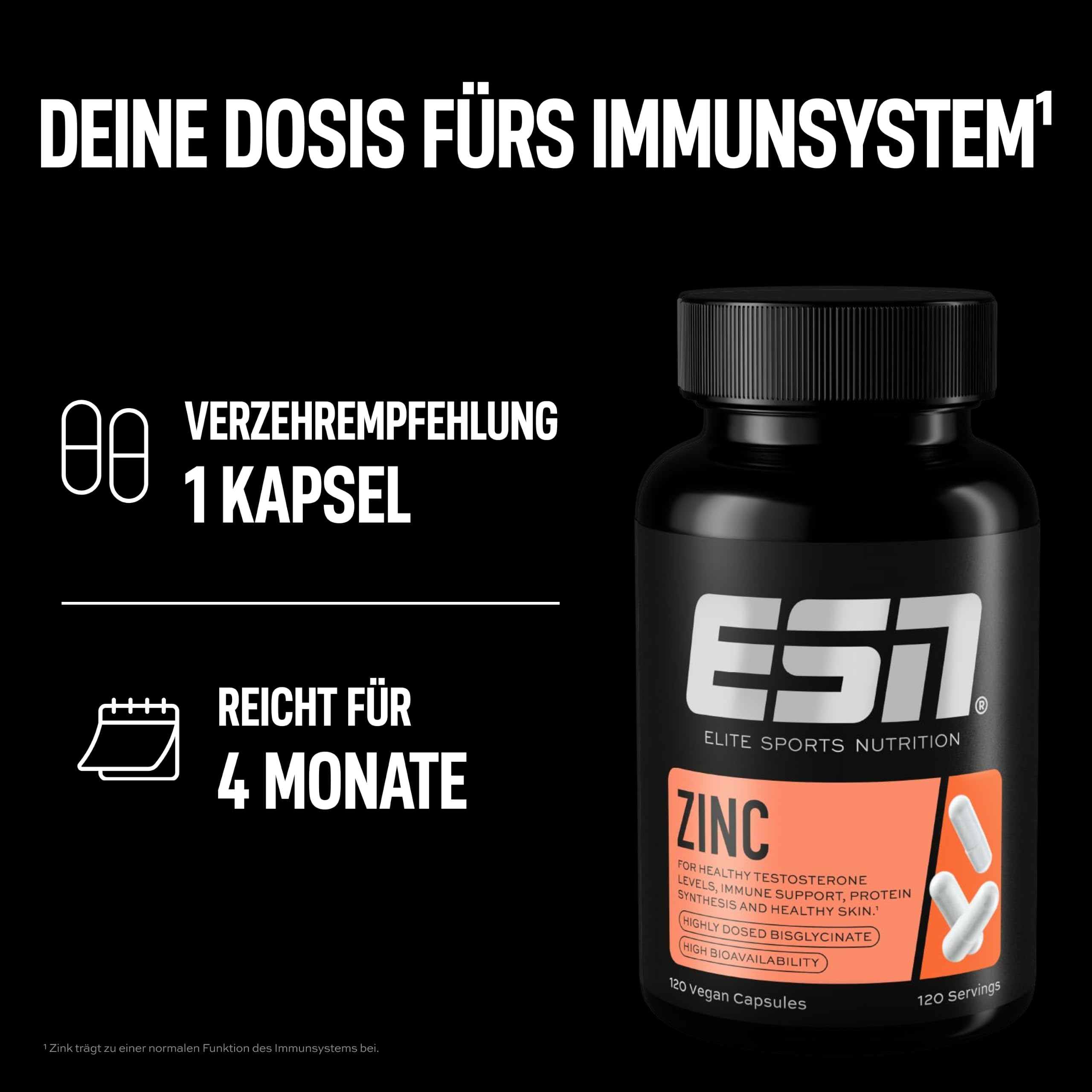 ESN Zinc - hochdosiertes Nahrungsergänzungsmittel mit 25 mg Zinkbisglycinat pro Tagesportion - gute Verträglichkeit und Bioverfügbarkeit - vegan - 120 Kapseln, 120 Portionen 6