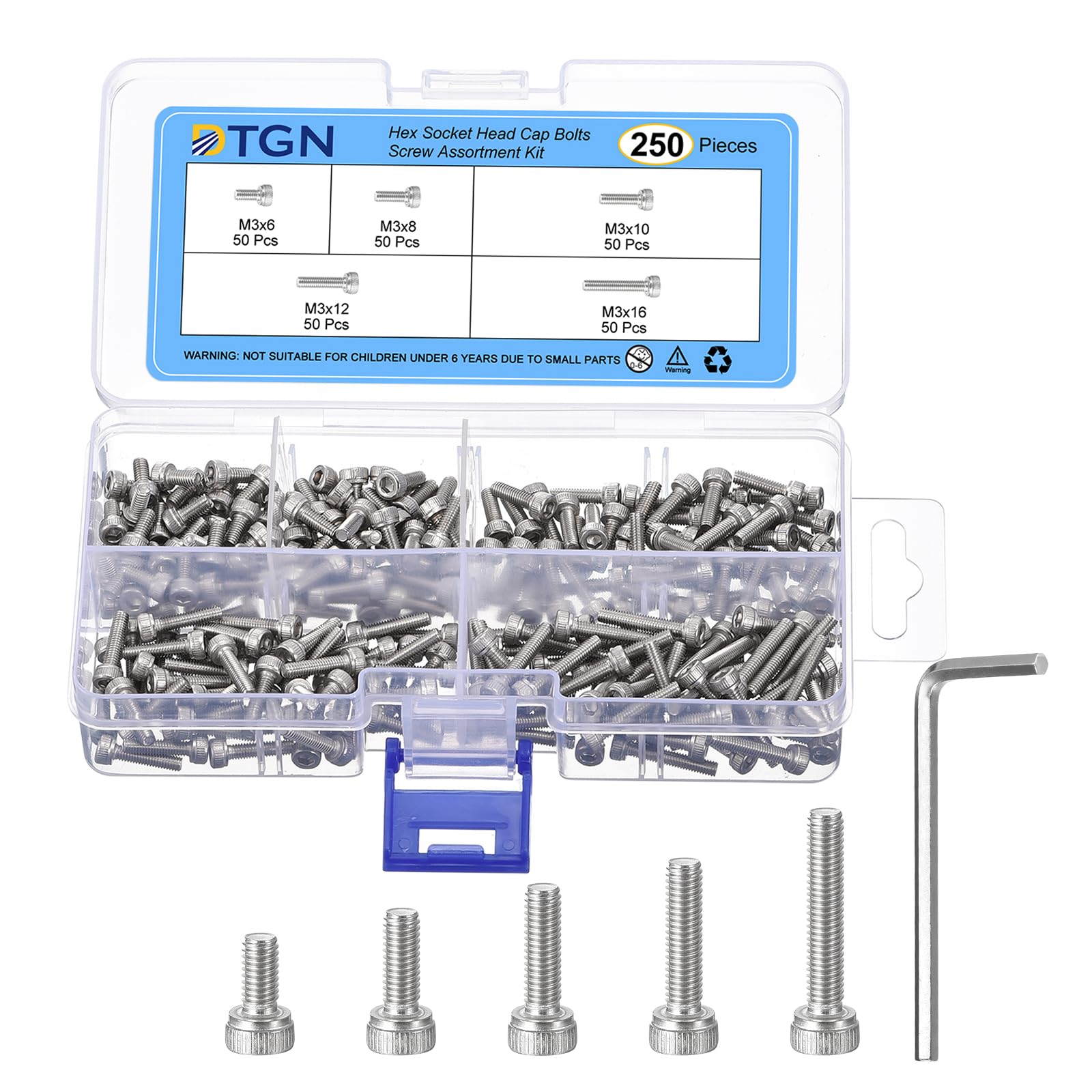 DTGN 250Pcs M3 Metric Screw Assortment, M3 Bolts Socket Head Screws, 304 Stainless Steel M3x6/8/10/12/16mm Hex Socket Head Cap Screws Bolt Set With Wrench for 3D Printing DIY