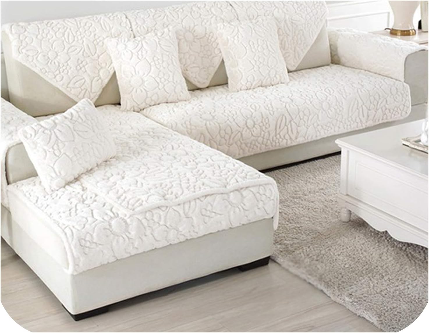 White Grey Floral Quilted Sofa Cover Plush Long Fur