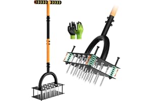 Grenebo Lawn Aerator Manual Aerator Lawn Tool with 16 Spikes, Metal Grass Aerator for Yard, Lawn Aeration, Automatic Soil Eje