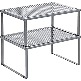 SONGMICS Spice Racks, Set of 2 Metal Cabinet Shelf Organizers, Countertop Organizers, Shelf Risers, Stackable, Expandable, Silver UKCS01SV