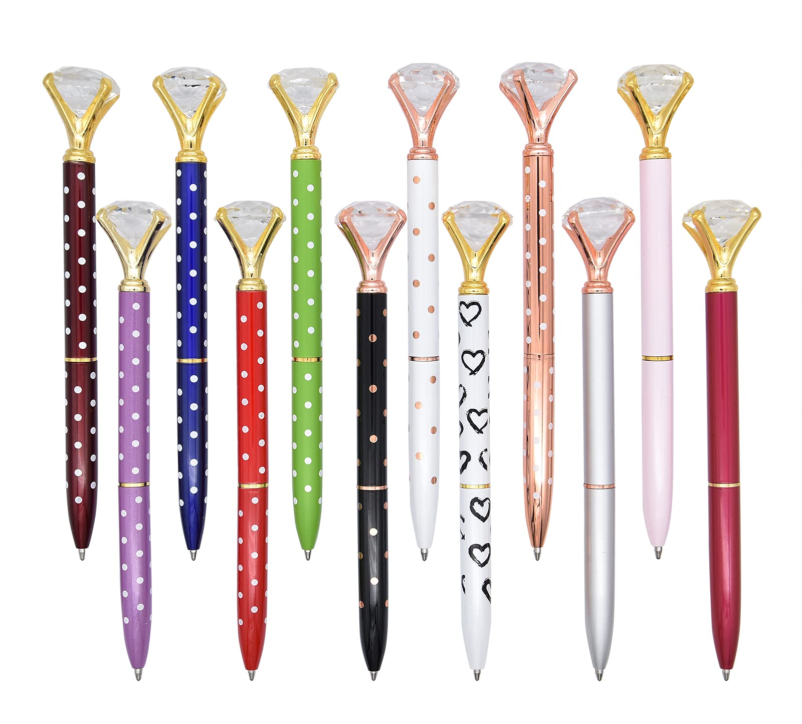 Gullor 12 Pieces Large Crystal Diamond Pens Bling Metal Ballpoint Pens Black Ink for School Office, 12 Colors, Style C