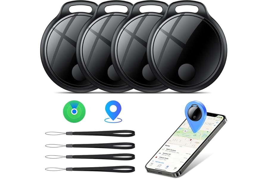 Air Tracker Tags-4 Pack: Smart Bluetooth Tracker, Compatible with Apple Find My APP (iOS Only) Replaceable Battery, IP67 Waterproof, Suitable for Luggage, Wallets, Backpacks, Keys Tracking Tag, Black