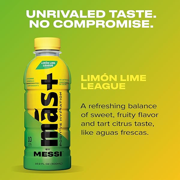 MÁS+ BY MESSI 16.9OZ LIMÓN LIME LEAGUE, SPORTS DRINK & HYDRATION BEVERAGE, NATURAL FLAVORS WITH VITAMINS AND ELECTROLYTES, NO ARTIFICIAL SWEETENERS OR COLORS, 12-PACK