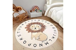 USTIDE Lion Kids Rug 4Ft, Super Soft Round Play Mat Lion Rug Alphabet Learning Carpet Large Cartoon Area Rug for Nursery Bedroom Playroom