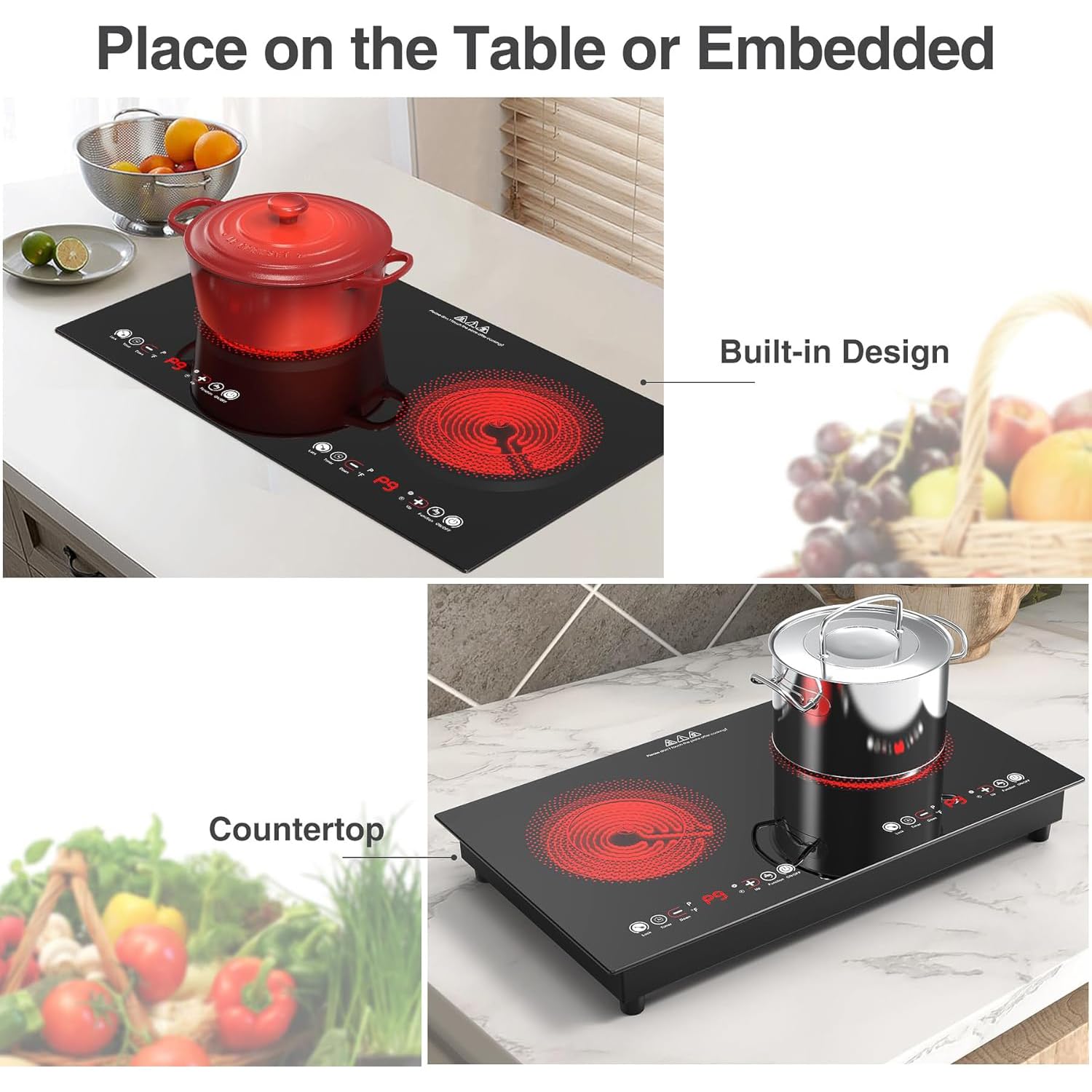 VBGK Electric cooktop,110V 24 inch 2 Burner Electric Cooktop,Built-in and Countertop Stove Top,2200W Stove,9 Power Levels, Kids Lock & Timer,LED touch control,Overheat Protection