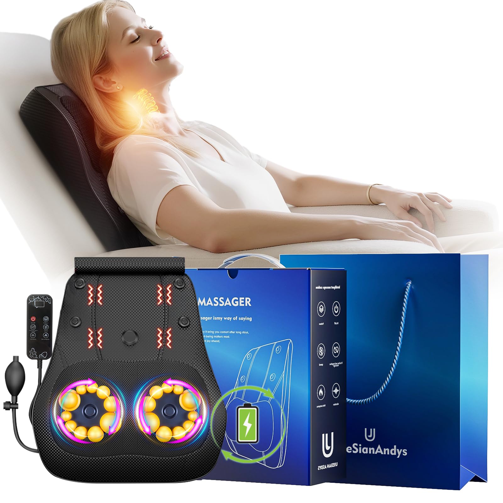 Photo 1 of Back Massager with Heat, 4D Kneading Electric Massager for Neck Back Shoulder Leg Pain Relief, Cordless Portable Rechargeable for Home Office Car Use on Couch Bed, Valentine‘s Day Gift for Men Women