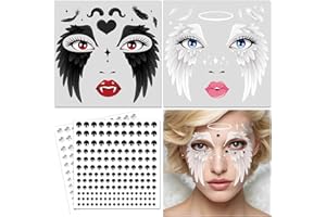 DPKOW Tatouages Halloween Anges Visage Tatouages Gemmes Halloween Maquillage Accessoires, Noir et Blanc Ange Face Autocollant