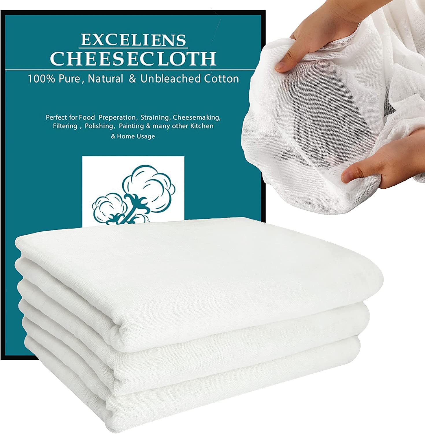 Exceliens Muslin Cloths, Grade-90 Cheese Cloths, 90 X 80cm, Muslin Cloths for Cooking, Strainer, Baking and Hallowmas Decorations, 100% Pure Hygiene Unbleached Cotton Fabric.(1 Yard)