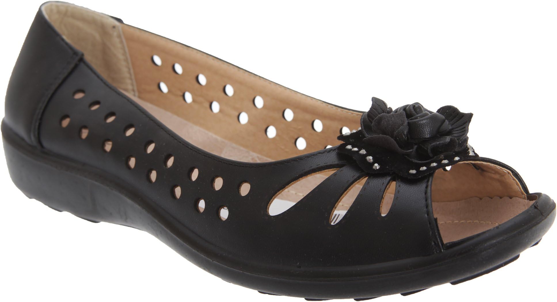Boulevard DAYNA Ladies Faux Leather Flower Peep Toe Flats Black With Black Sole