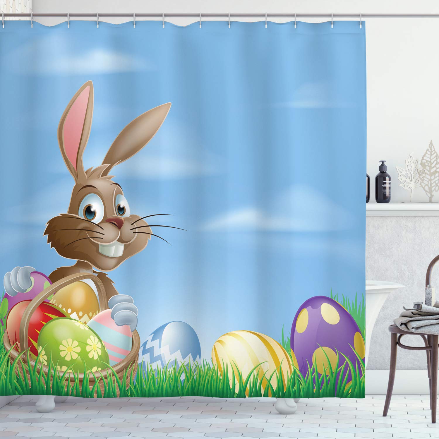 ABAKUHAUS Easter Shower Curtain, Painted Eggs Dots Chevron Zigzags and Stripes in a Basket Cartoon Bunny, Cloth Fabric Bathroom Decor Set with Hooks, 94 Inches, Multicolor