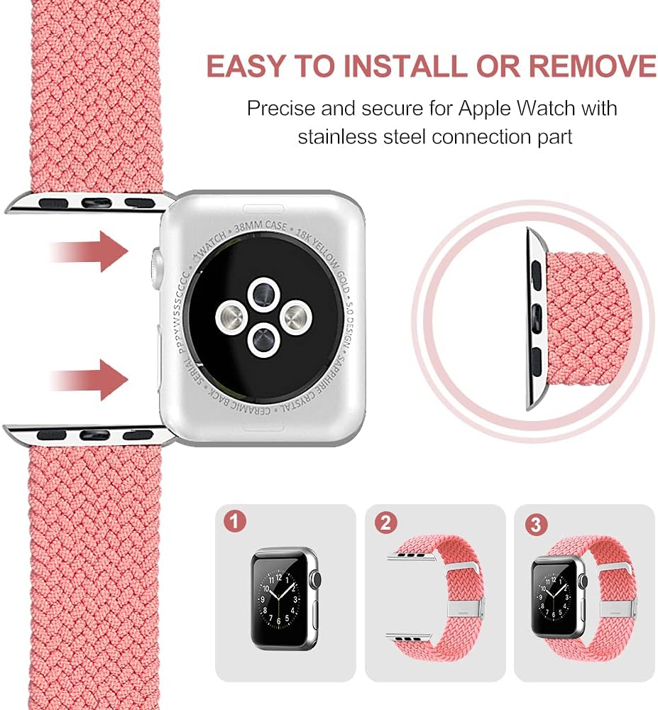 WZS Adjustable Extra Length Nylon Braided Solo Loop Watch Band Compatible with Apple Watch 38/40MM,Pink