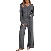 ANRABESS Women's 2 Piece Lounge Pajama Sets Ribbed Long Sleeve Button Top Matching Pants Sleepwear PJ Set 2025 Fall Outfits