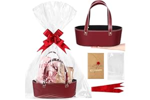 Wonderjune Empty Gifts Baskets Valentines Day Gift Basket with Leather Gift Bags Ribbons Greeting Cards Cute Empty Baskets with Handles for Lover Birthday Baby Shower Favor Wrapping(Red,Small)