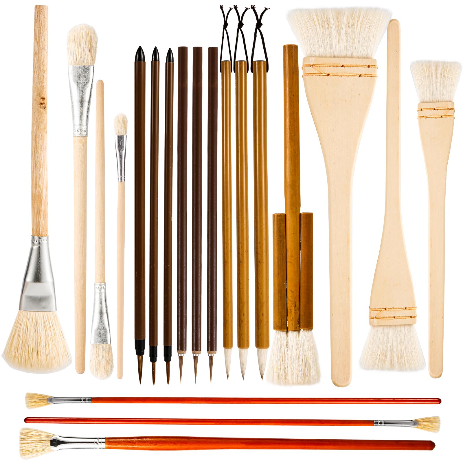 20pcs Pottery Glaze Brushes Set, Wood Ceramic Brushes with Long Handle Different Shapes Wool Art Paintbrush Tool Watercolor Oil Acrylic Painting Supplies for Students Artist Kids Adults