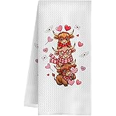 QWZDRHYJI Cute Highland Cow Valentine's Day Kitchen Towels, Cow Lover Gifts Dish Tea Towels, Valentine's Day Heart Highland Calf Decorative Hand Towel for Kitchen Bathroom, 16x24 Inch
