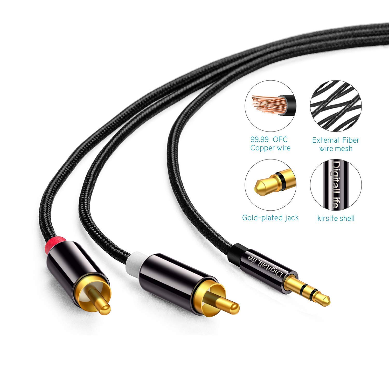 Cable Estéreo 3,5 mm RCA - DigitalLife 3,5 mm (Macho) Jack a 2 RCA Macho (L/R) Audio Estéreo Cable de Extensión - Y Adaptador Divisor de Audio(1, 2 m)