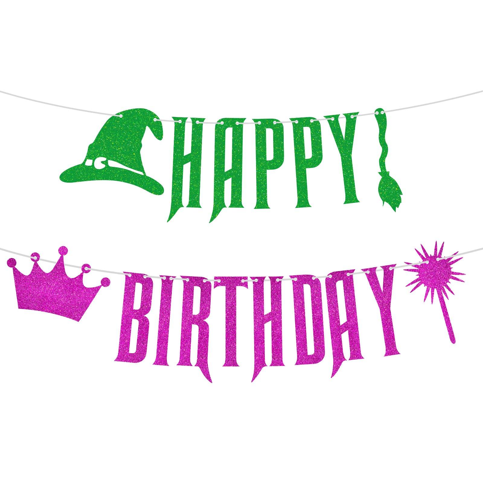 Photo 1 of Pre Strung Pink and Green Happy Birthday Party Supplies, Witch Banner for Girls Birthday Party Halloween Party Decorations