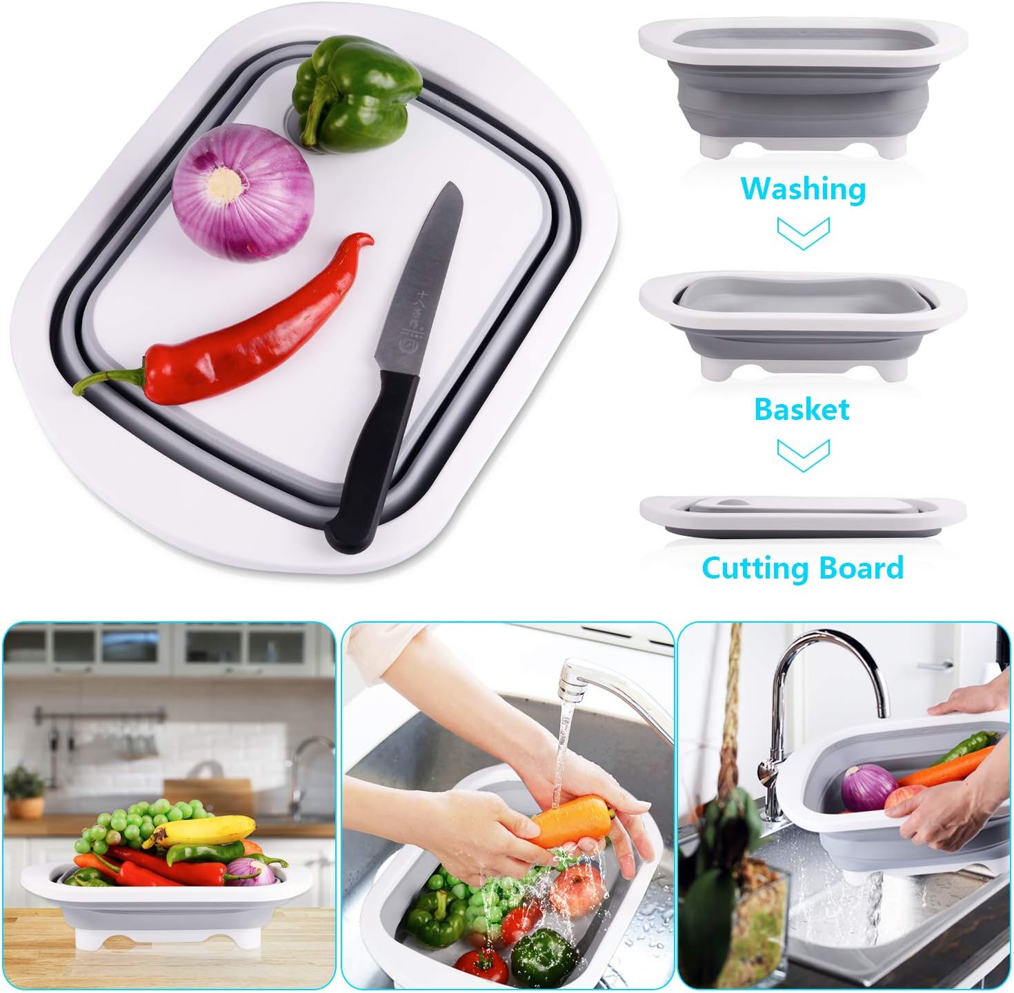 Goodking Collapsible Cutting Board with Colander, 4-in-1 Multi-function Foldable Kitchen Plastic Silicone Dish Tub Drainers, Sink Storage Washing Draining Basket for Fruits/Vegetables/Picnic/Camping