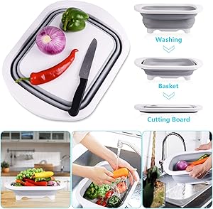 Goodking Collapsible Cutting Board with Colander, 4-in-1 Multi-function Foldable Kitchen Plastic Silicone Dish Tub Drainers, Sink Storage Washing Draining Basket for Fruits/Vegetables/Picnic/Camping