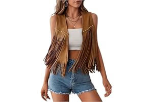 GORGLITTER Women's Fringe Leather Vest 60s 70s Hippie Vest Sleeveless Cowgirl Western Faux Suede Jacket