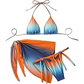 SEGT Women's 3 Piece Swimsuit Triangle Halter Side Tie Thong Bikini Set with Cover Up Skirt