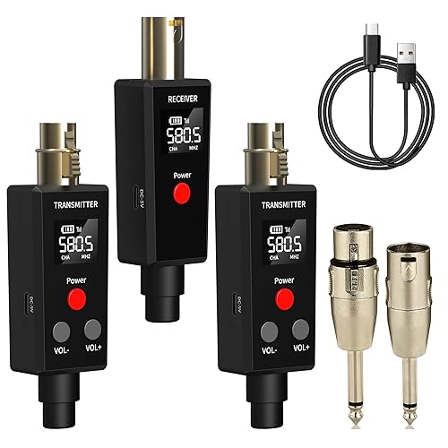 Elimavi Wireless Microphone System 2.4GHz Wireless Plug-on XLR Dual Transmitter & Receiver for Dynamic Mic,Mixer,PA System,2 Transmitters Connecting Microphones for Synchronous Transmission