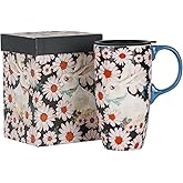 DUSVALLY Ceramic Tall Coffee Mug, Friends Coffee Cup Gift Set, Travel Mug with Lid for Office and Home, Unique Gifts for Women and Man, Color Box, 17 oz Large Cup, Flower and Rabbit