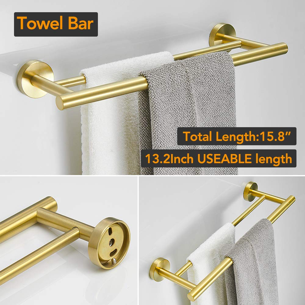 BESy Modern 4 Piece Bathroom Accessories Set (Double Towel Bar, Toilet Paper Holder,Towel Hooks,Single Towel Bar), Wall Mounted Bath Hardware Accessory Fixtures Set,Stainless Steel/Brushed Gold