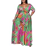 Runwind Plus Size Maxi Dresses for Curvy Women, 3/4 Sleeve V Neck Long Printed Dress with Belt Casual Dress with Pockets