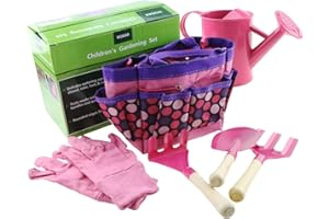 Gardening Tool Set for Kids Children Includes Watering Can Gloves Shovel Rake Fork and Carry Bag Girls Boys Gift (Pink)