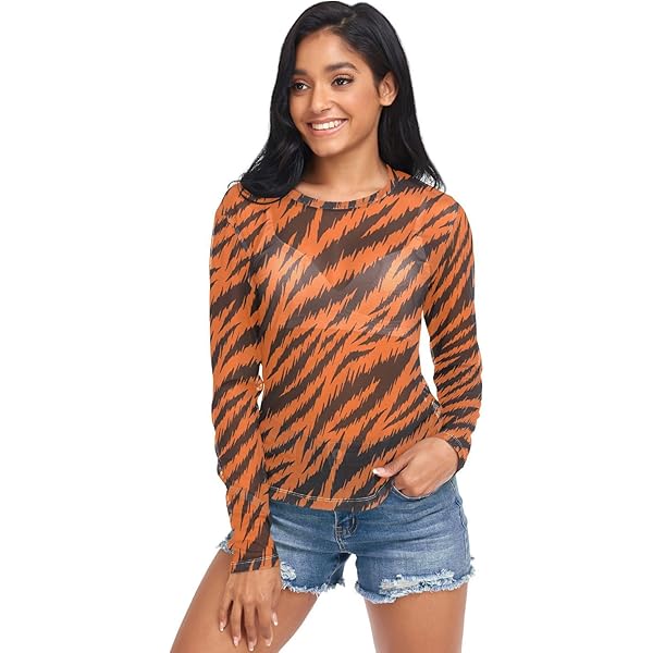 Yellow Tiger Print Women Mesh Sheer T Shirt, Mesh Tops See