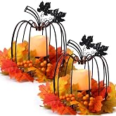 2 Pcs Fall Decorations for Home Fall Candles Lanterns, 11.5 in, Black | Metal Flameless Pumpkin Candle Holder Thanksgiving Pumpkin Lanterns Indoor Outdoor Decor Rustic for Halloween Harvest Wedding