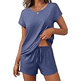 Ekouaer Women 2 Piece Pajamas Set Short Sleeve Comfy Lounge Set Round Neck Tops and Shorts Pjs with Pockets