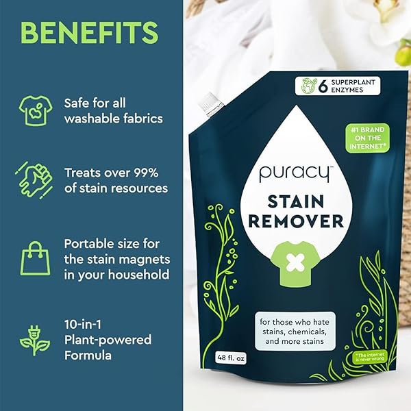 PURACY STAIN REMOVER CLEANING SPRAY REFILL – ENZYME-POWERED STAIN REMOVER SPRAY AS SEEN ON TIKTOK, NATURAL TRAVEL SPOT REMOVAL FOR CLOTHES (UNSCENTED, 48 FL OZ)
