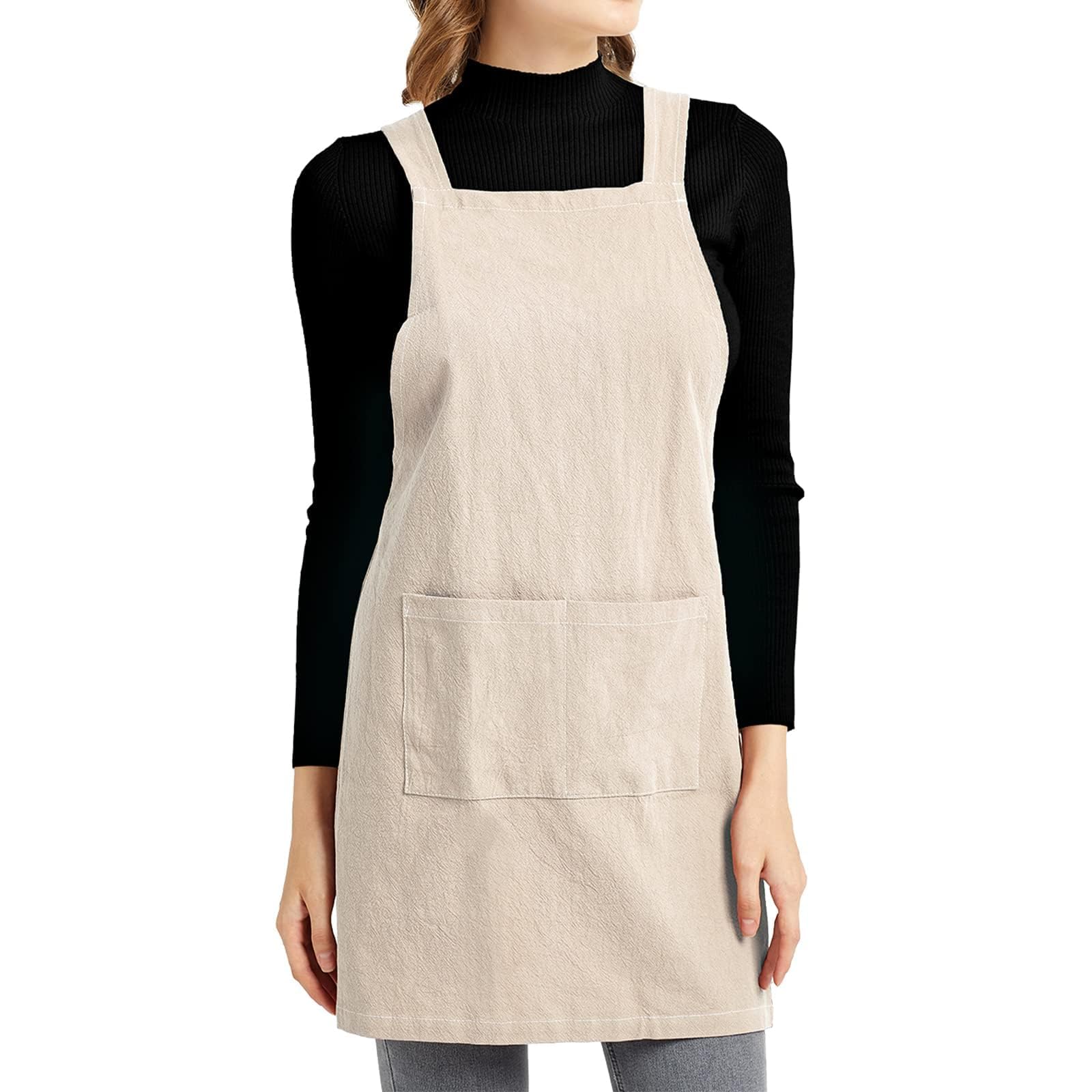 ELEZAY Cross Back Apron with Pockets Kitchen Cooking Chef Baker Criss Bib Cotton Linen Small,Beige — image 1