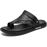 OHCHSH Men's Leather Flip Flop Sandals Slippers Casual Thong Style Adjustable Strap Shoes Brown and Black