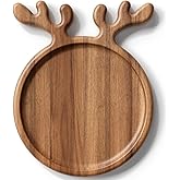 Dofira Acacia Wood Serving Platter, Decorative Deer Antler, 8" Round Wooden Food Dish Display Plate, Charcuterie Board Tray f
