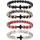 Sahoottie Beaded Cross Bracelet Christian Bracelets for Men 8MM Black Crystal Bracelet for Men Stretch Adjustable Bracelets Gifts for Friends