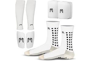 MediCaptain Soccer Grip Socks, Shin Guards, Pre Cut Sock Sleeves, and Guard Straps Bundle Pack - Essential Equipment for Soccer Players - for Mens, Women, Youth, Size 7 to 12 US Men Shoe Size