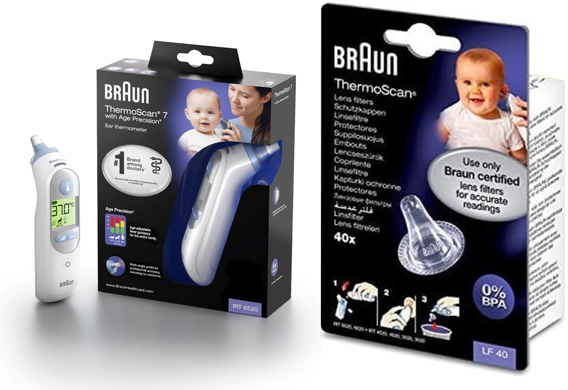 Braun Thermoscan 7 IRT6520 Thermometer with Lens Filters for Ear Thermometers, Pack of 40
