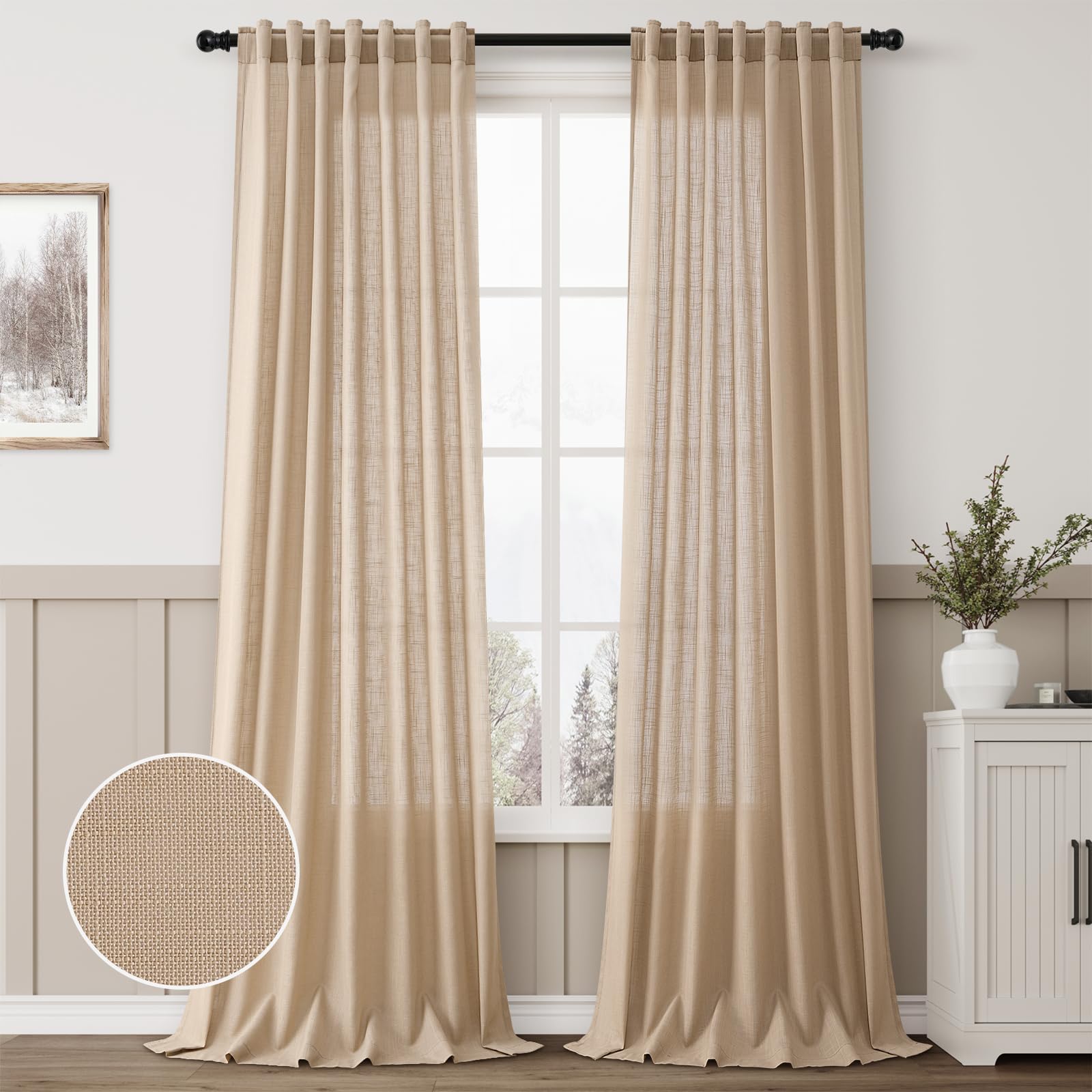 Photo 1 of Aersas Linen Blend Taupe Curtains 108 inches Long 2 Panels Set Back Tab Semi Sheer Light Brown Drapes for Living Room Bedroom Rustic Retro Farmhouse Decor Canvas Burlap Textured Flax Tan Curtain 9 FT