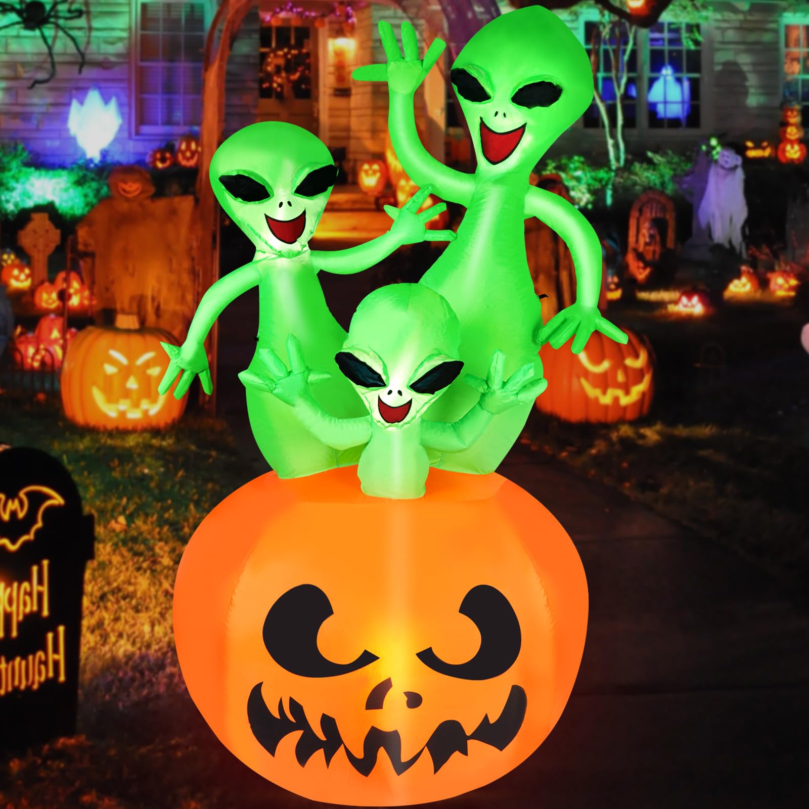CAMULAND 6FT Halloween Inflatable Pumpkin Alien Decorations Outdoor, Halloween Inflatable Blow Up Decor with Built-in LED Lights Outdoor Inflatable Decoration for Garden, Lawn, Yard, and Party