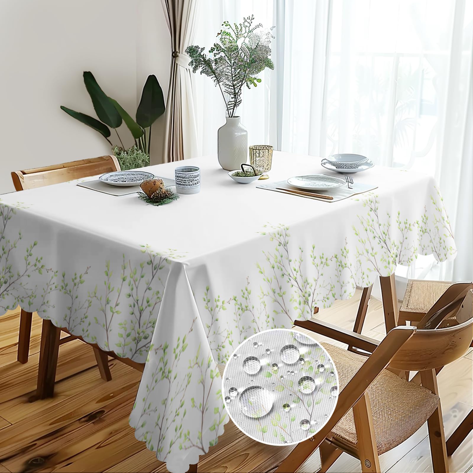 Green Leaf Wipe Clean Table Cloths - 140x180cm, Waterproof, Washable, Rectangular Floral Tablecloth for Kitchen, Garden, Picnic, Party
